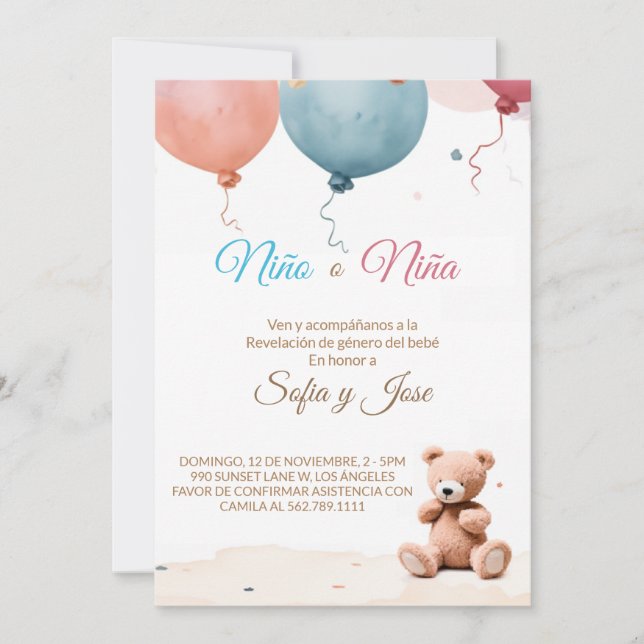 Invitación a revelar sexo en español de niño o Chi (Anverso)