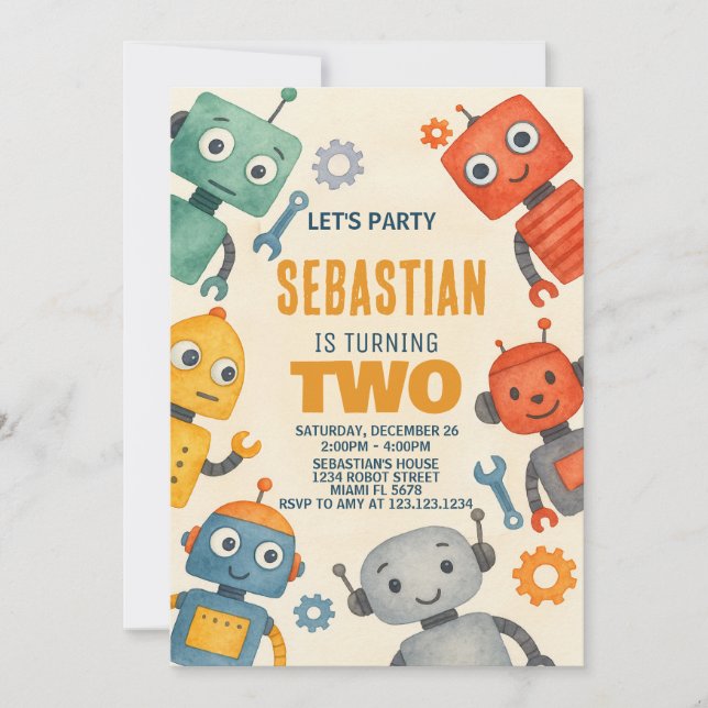 Invitación a Robot para el segundo cumpleaños (Anverso)