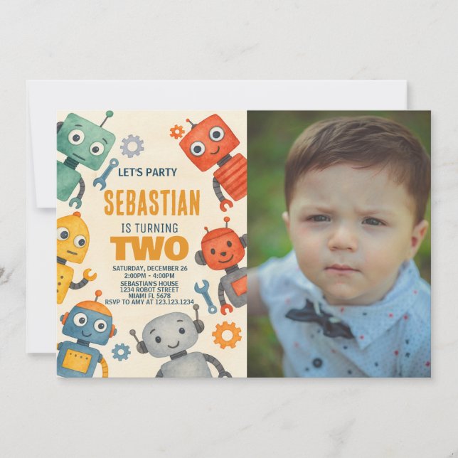 Invitación a Robot para el segundo cumpleaños con  (Anverso)
