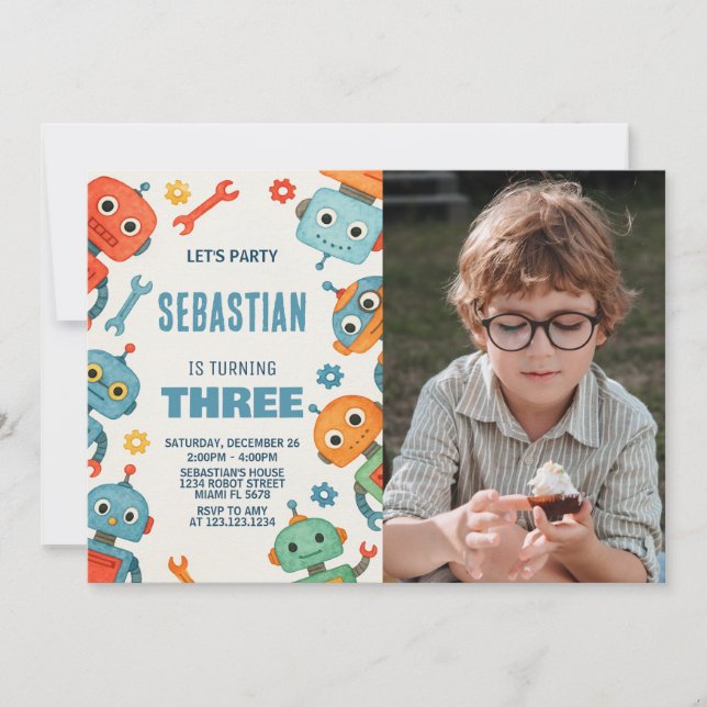 Invitación a Robot para el tercer cumpleaños con f (Anverso)