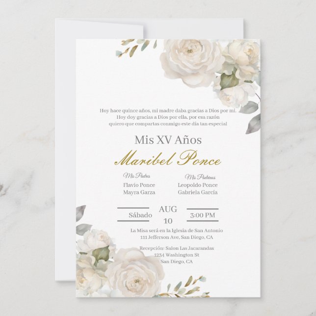 Invitación a Rosa blanca Quinceanera (Anverso)