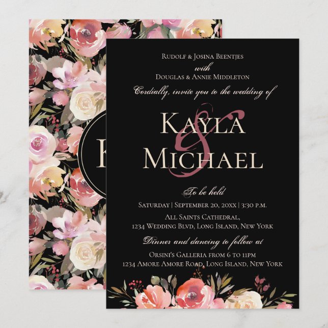 Invitación a Rosa de invierno del monograma Boda M (Anverso / Reverso)