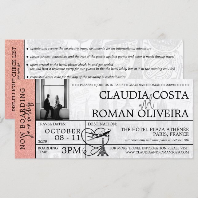 Invitación a Rosa Gold Boda de París para tarjeta  (Anverso / Reverso)
