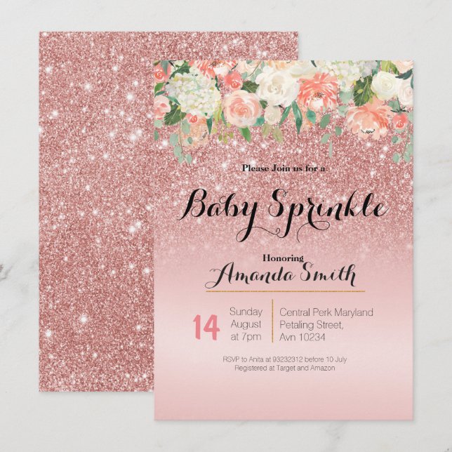 Invitación a Rosa Gold Pink Baby Sprinkle (Anverso / Reverso)