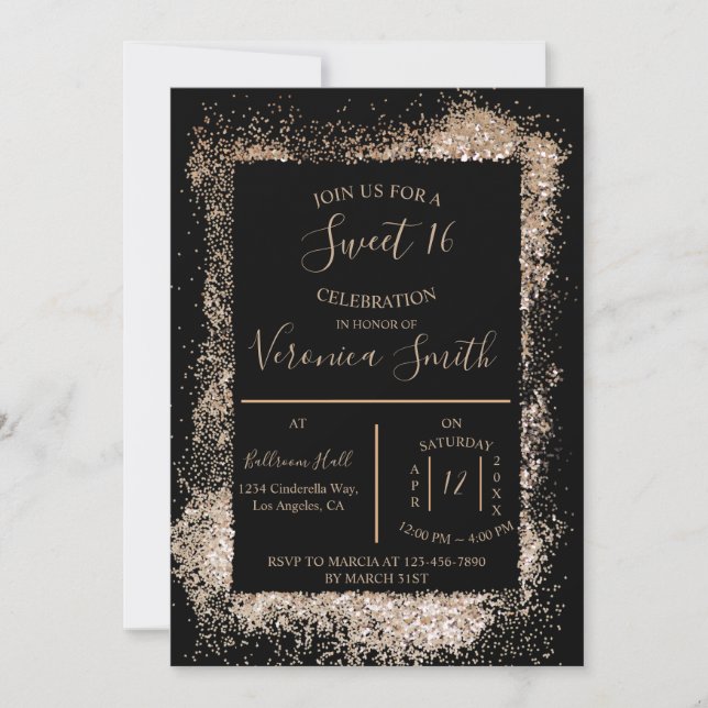 Invitación a Rosa Gold y Black Sweet 16 (Anverso)