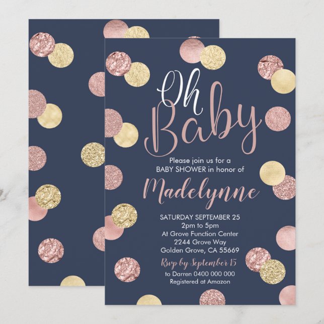 Invitación a Rosa Gold y Navy Baby Shower (Anverso / Reverso)