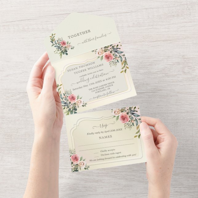Invitación a Rosas de acuarela todo en una boda (desgarro)