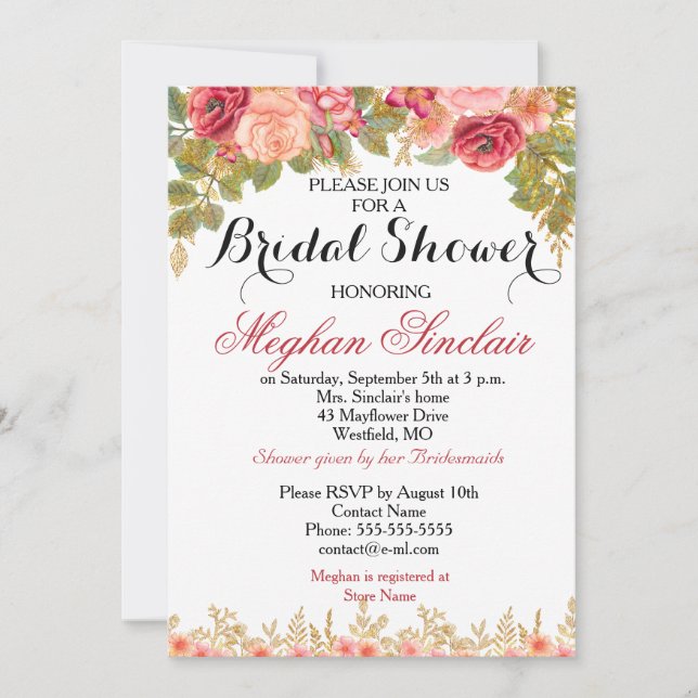 Invitación a Rosas de acuarela y ducha de novia Pu (Anverso)