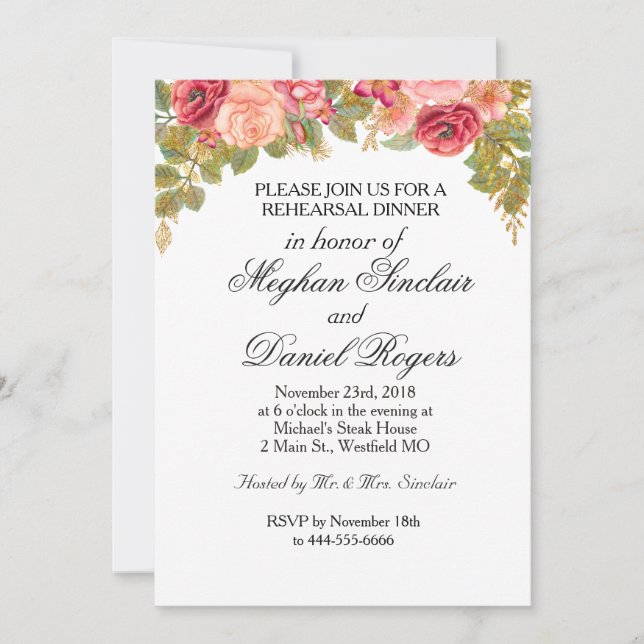 Invitación a Rosas de acuarela y Purpurina para la (Anverso)