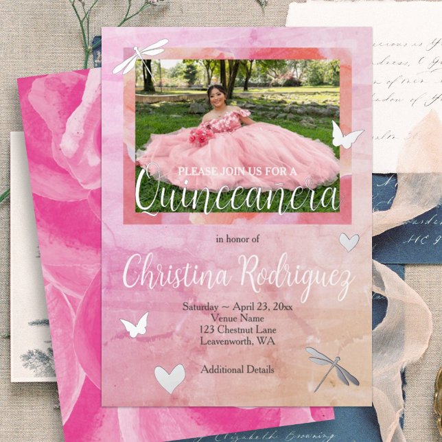 Invitación a Rosas de Quinceanera rosa y plateado (pink rose quinceanera invitation with silver foil butterflies, dragonflies, hearts, calligraphy)