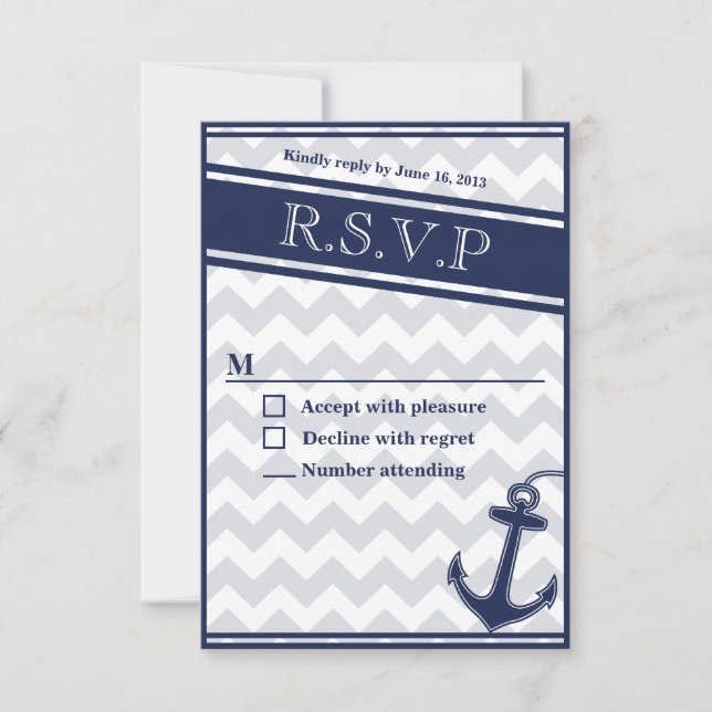 Invitación a RSVP azul marino de chevron (Anverso)