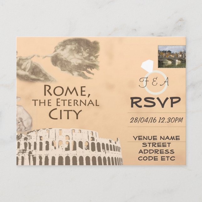 Invitación a RSVP de boda temática de Roma con fot (Anverso)