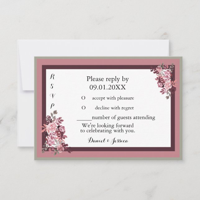 Invitación a RSVP de Dusty Rosa Burgandy Wedding (Anverso)