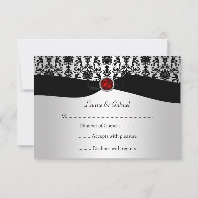 Invitación a RSVP de jewel rojo negro plateado Dam (Anverso)