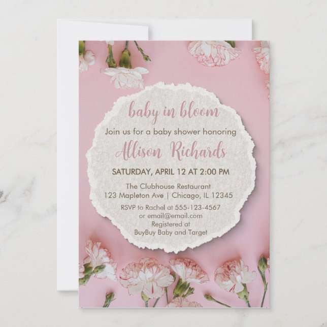 Invitación a Rubor Bloom Baby Shower | Rosa elegan (Anverso)