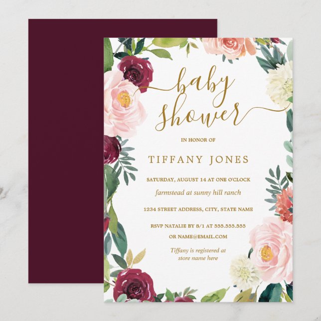 Invitación a Rubor Burgundy Gold Floral en Baby Sh (Anverso / Reverso)