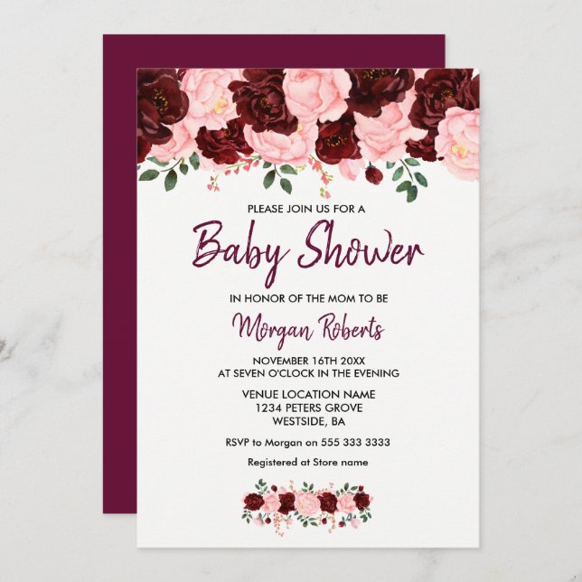 Invitación a Rubor Burgundy Rosa Baby Shower Scrip (Anverso / Reverso)