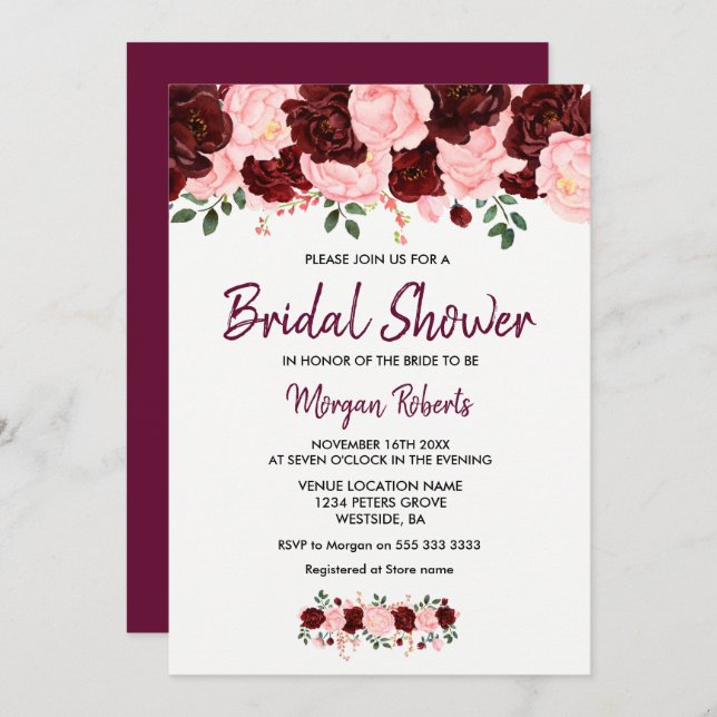 Invitación a Rubor Burgundy Rosa Bridal Shower Scr (Anverso / Reverso)