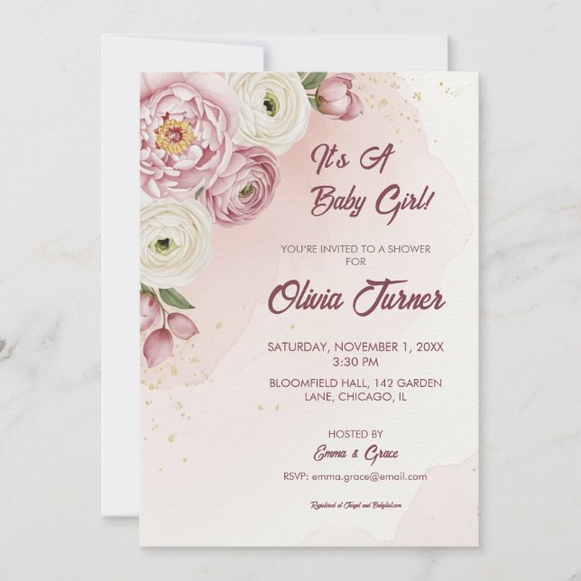 Invitación a Rubor Floral Baby Shower con eleganci (Anverso)