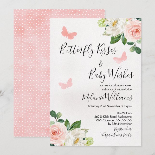 Invitación a Rubor Floral Butterfly Baby Shower (Anverso / Reverso)