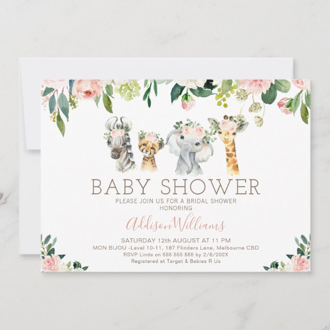 Invitación a Rubor Floral Foliage Safari Baby Show (Anverso)