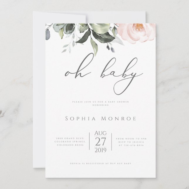 Invitación a Rubor Floral Oh Baby Shower (Anverso)