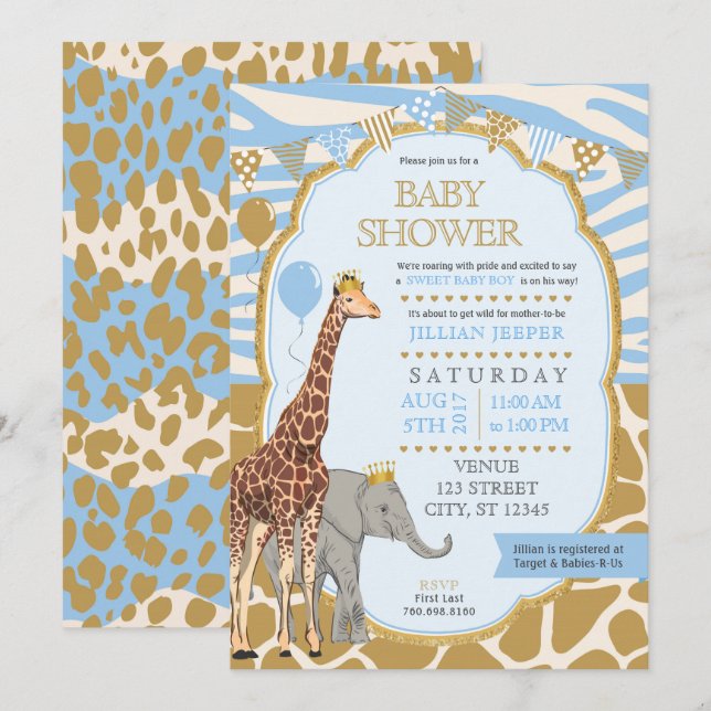 Invitación a Safari Baby Shower - Blue Boy (Anverso / Reverso)