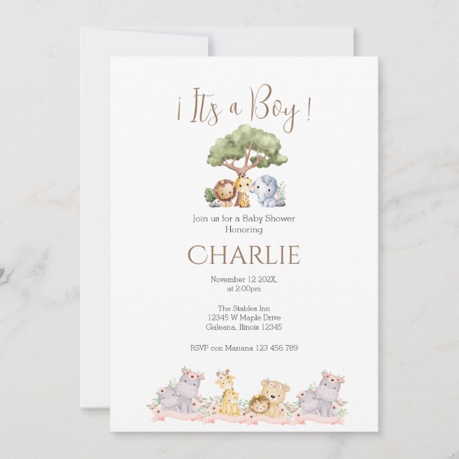 Invitación a Safari Baby Shower Boy (Anverso)