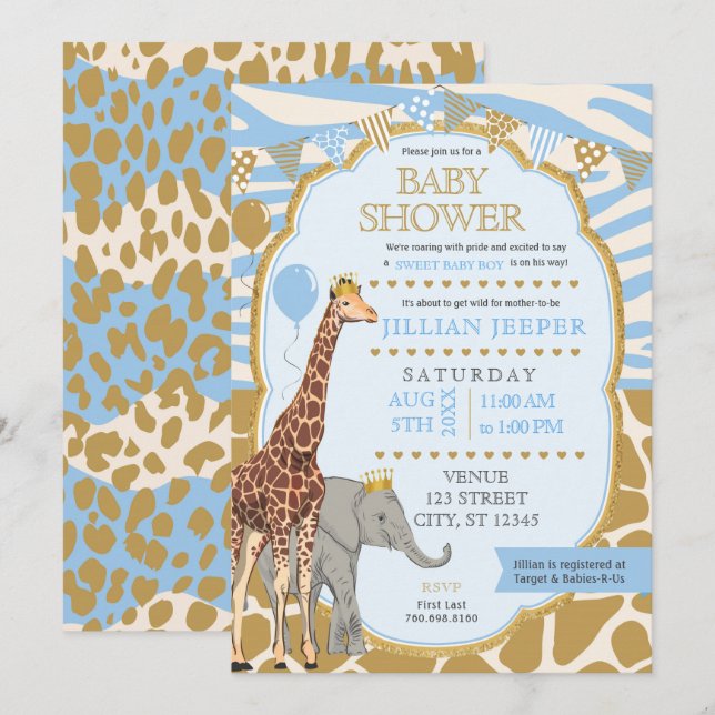 Invitación a Safari Baby Shower - (Boy Blue) (Anverso / Reverso)