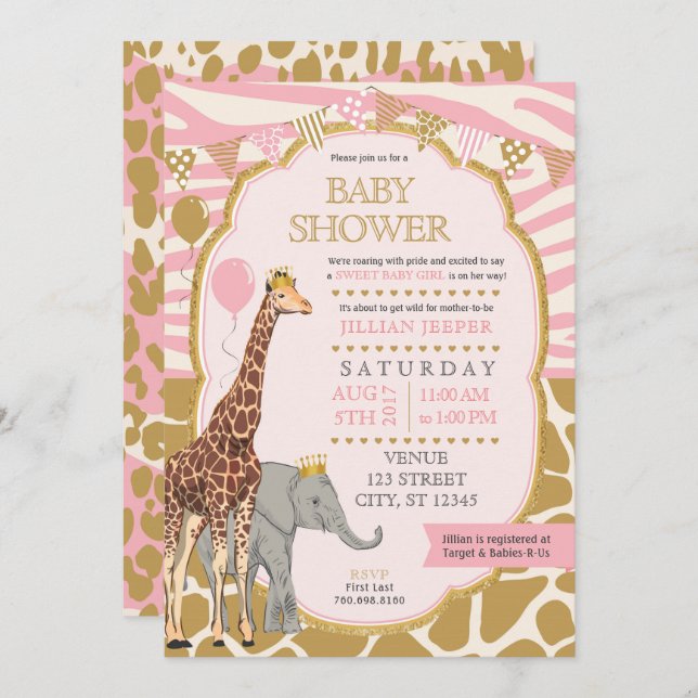 Invitación a Safari Baby Shower - Chica rosa (Anverso / Reverso)