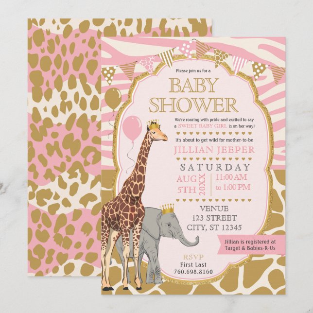 Invitación a Safari Baby Shower (Chica rosado) (Anverso / Reverso)
