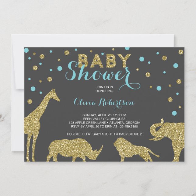 Invitación a Safari Baby Shower, Faux Gold, Aqua (Anverso)
