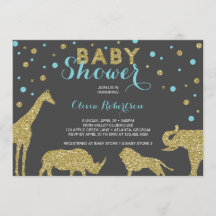 Invitación a Safari Baby Shower, Faux Gold, Aqua