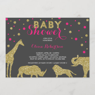 Invitación a Safari Baby Shower, Faux Gold, Pink