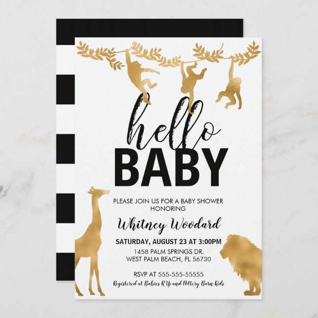 Invitación a Safari Baby Shower | Negro y oro (Anverso / Reverso)