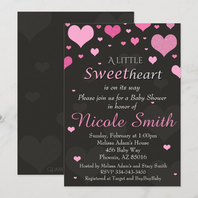 Invitación a San Valentín Baby Shower, ducha rosa (Anverso / Reverso)