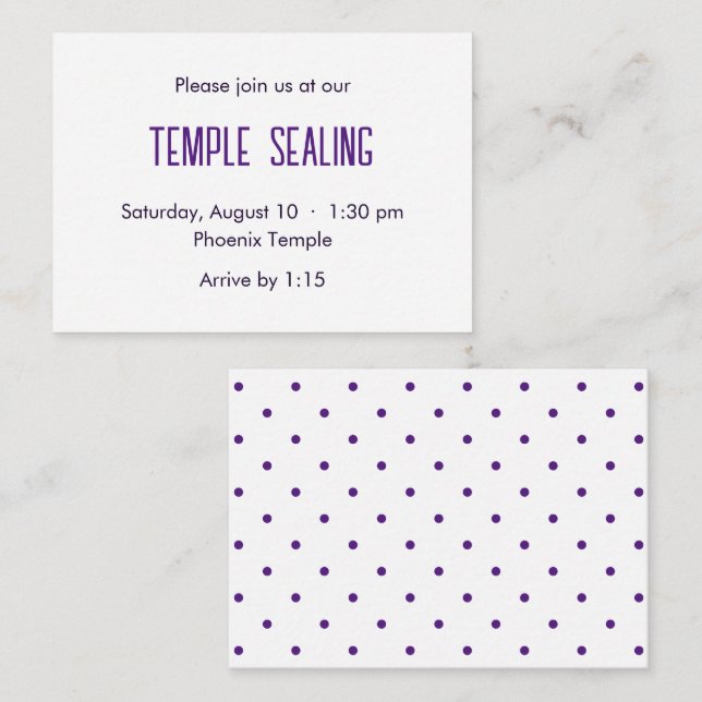Invitación a sellar templo de polka morado y blanc (Anverso / Reverso)