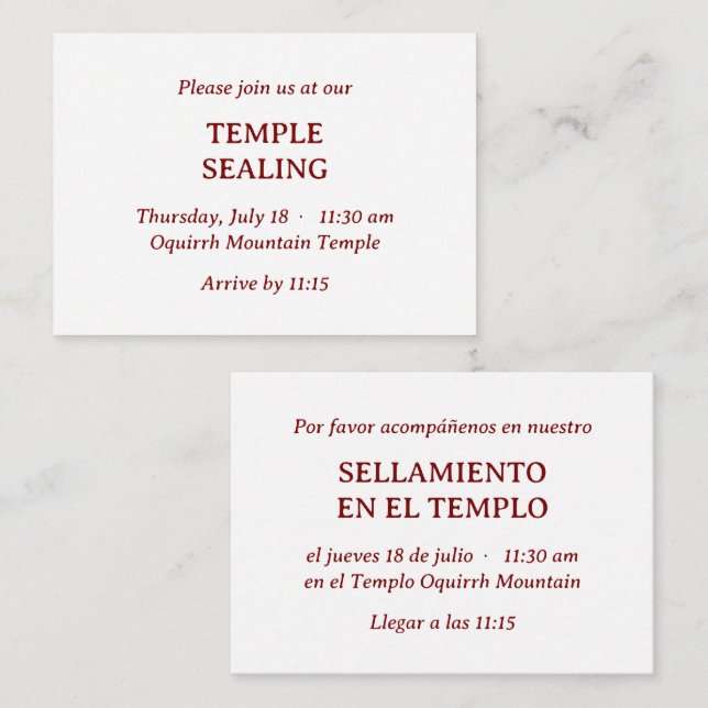 Invitación a sellar templo español-inglés rojo (Anverso / Reverso)