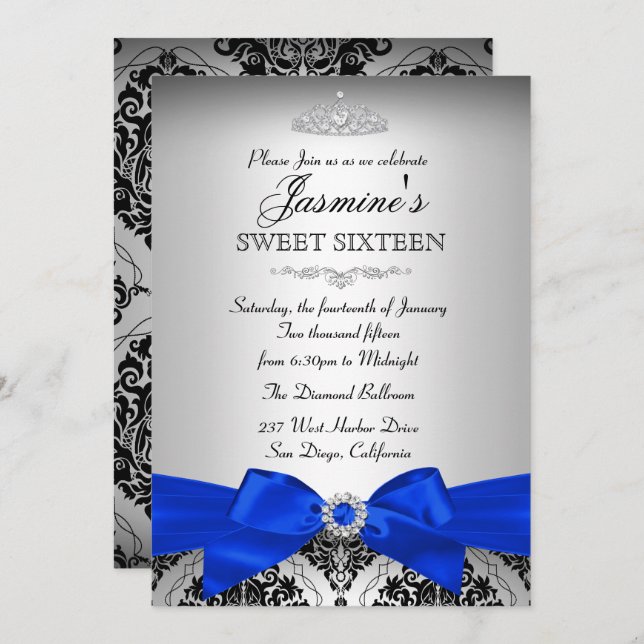 Invitación a Silver & Royal Blue Damask Sweet 16 (Anverso / Reverso)