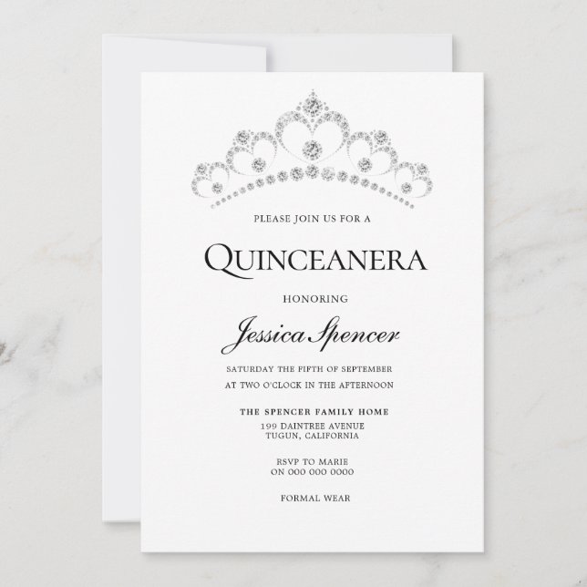 Invitación a Silver y Navy Diamond Tiara Quinceane (Anverso)