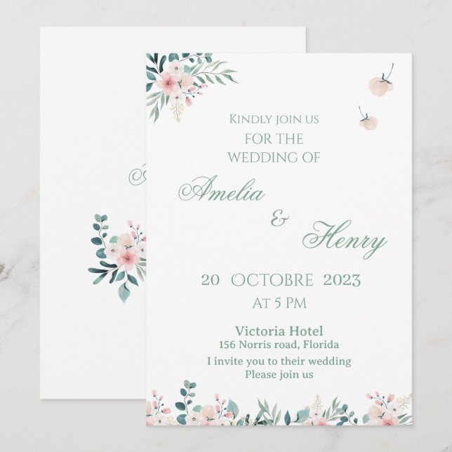 Invitación A simple watercolor wedding invitation card (Anverso / Reverso)