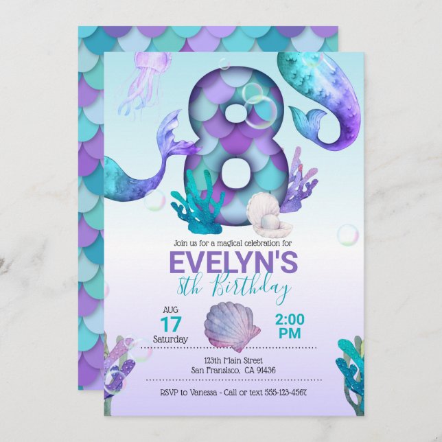 Invitación a sirena de cola para sirena por octavo (Anverso / Reverso)