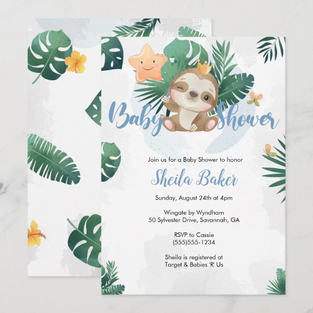 Invitación a Sloth, invitación a Baby Shower Sloth (Anverso / Reverso)