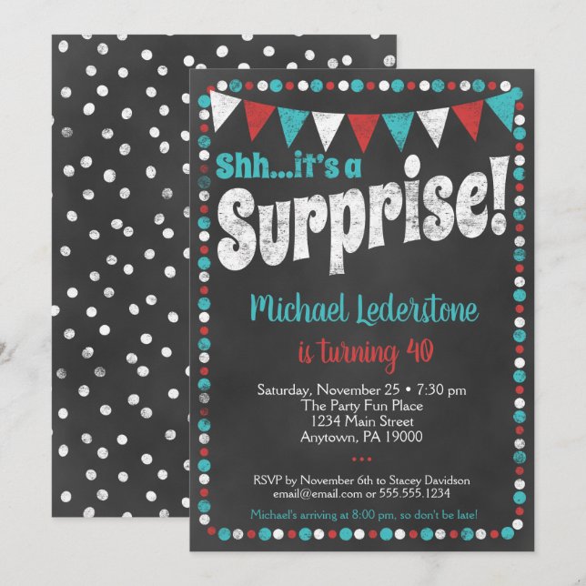 Invitación a sorpresas de Aqua Red Chalkboard (Anverso / Reverso)