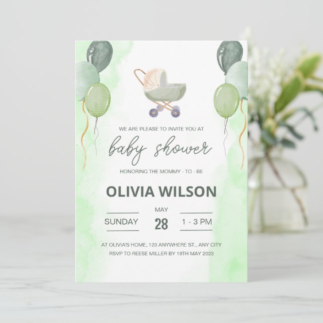 Invitación a Stroller Baby Shower, género neutro d (Anverso de pie)