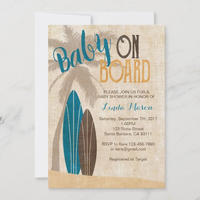 Invitación a Surf Baby Shower con tablas de surf (Anverso)