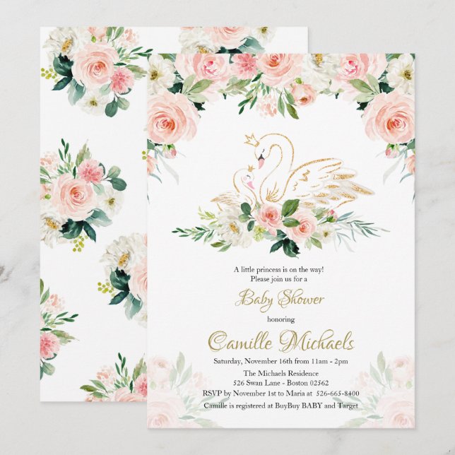 Invitación a Swan Baby Shower (Anverso / Reverso)