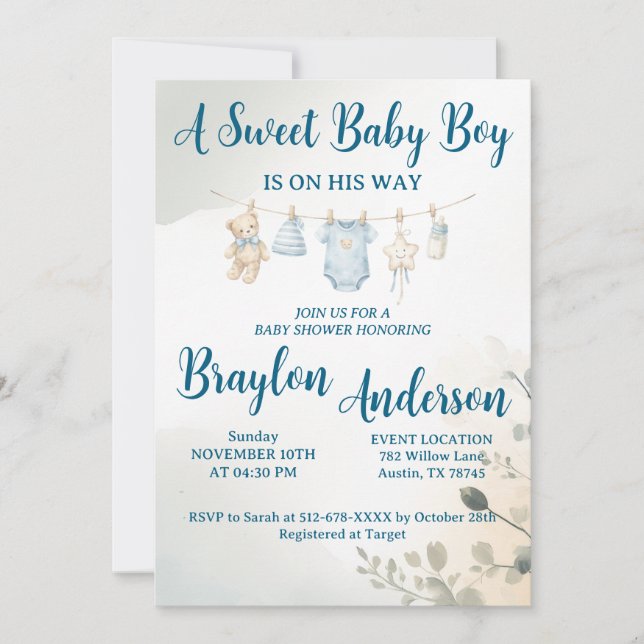 Invitación A Sweet Baby Boy is on his way Baby Shower (Anverso)