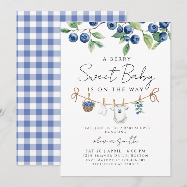 Invitación  A Sweet Berry Blueberry Baby Shower  (Anverso / Reverso)