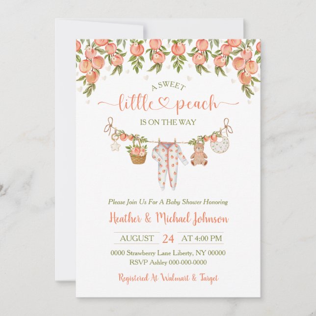 Invitación A Sweet Little Peach Clothesline Baby Shower (Anverso)